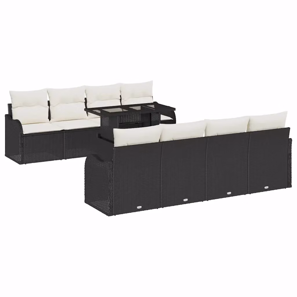 Set Divano da Giardino vidaXL in Polyrattan Nero e Beige con Cuscini e Tavolino da 9 Pezzi per 8 Persone – 2