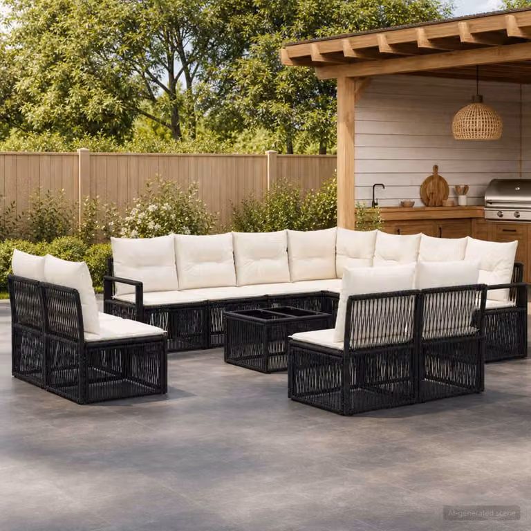 Set Divano da Giardino Moderno vidaXL a Forma a L con Tavolino e Cuscini, Colore Nero