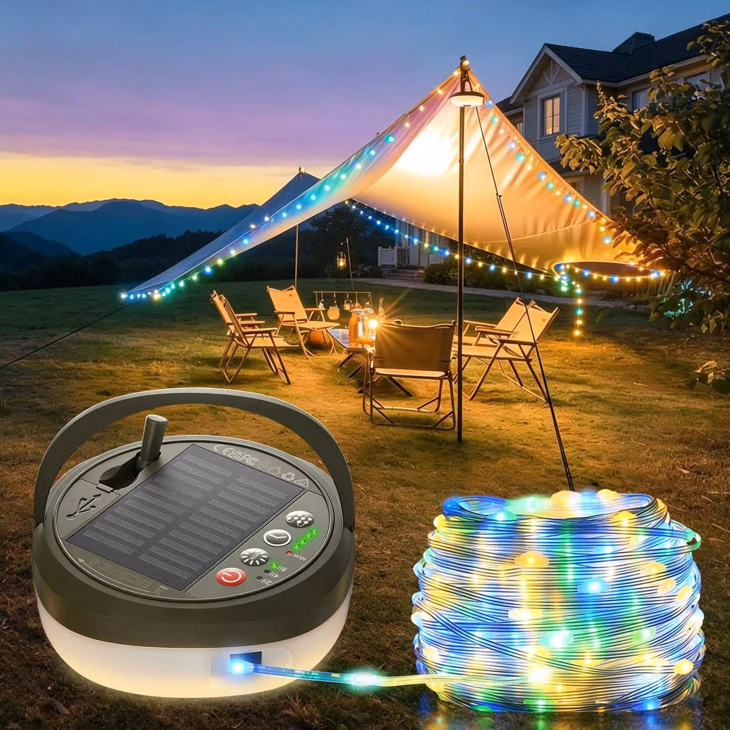Catena luminosa da campeggio, 10 metri, 130 LED, arrotolabile, alimentazione solare, USB-C, 20 modalità