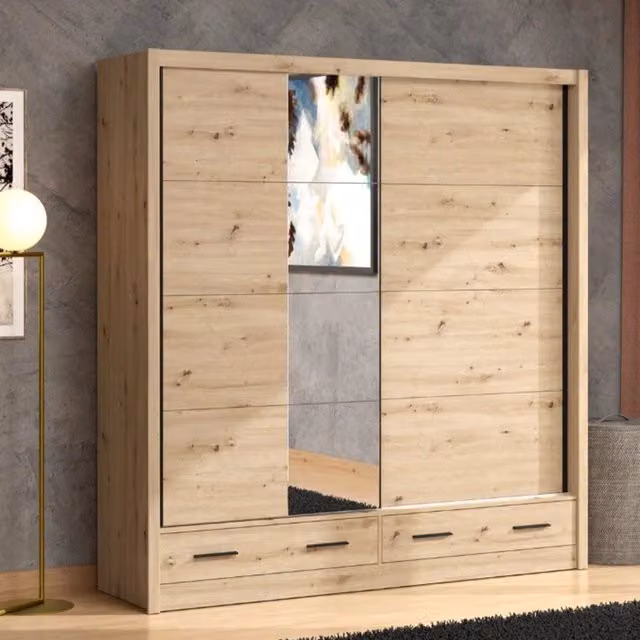 Armadio Copala DMORA per camera da letto con ante scorrevoli, specchio e cassetti integrati, colore marrone rovere, L: 205 cm, P: 60 cm, H: 216 cm – 1