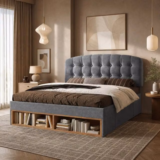 Letto imbottito 90x200 in velluto grigio con testiera regolabile; cassetti e vani portaoggetti