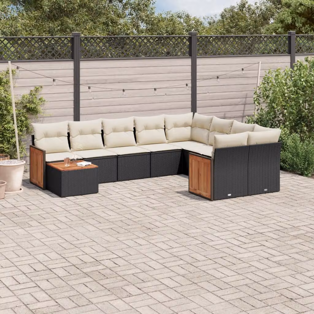 vidaXL Set Divani da Giardino 10 Pezzi in Polyrattan Nero con Cuscini e Tavolino da Esterno – 1
