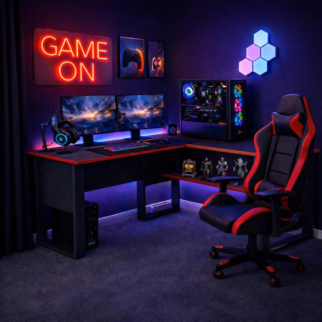 Scrivania da gaming Homidea Arena a forma di L per giocatori e home office – Ampia scrivania per computer – Design moderno – Nero/rosso