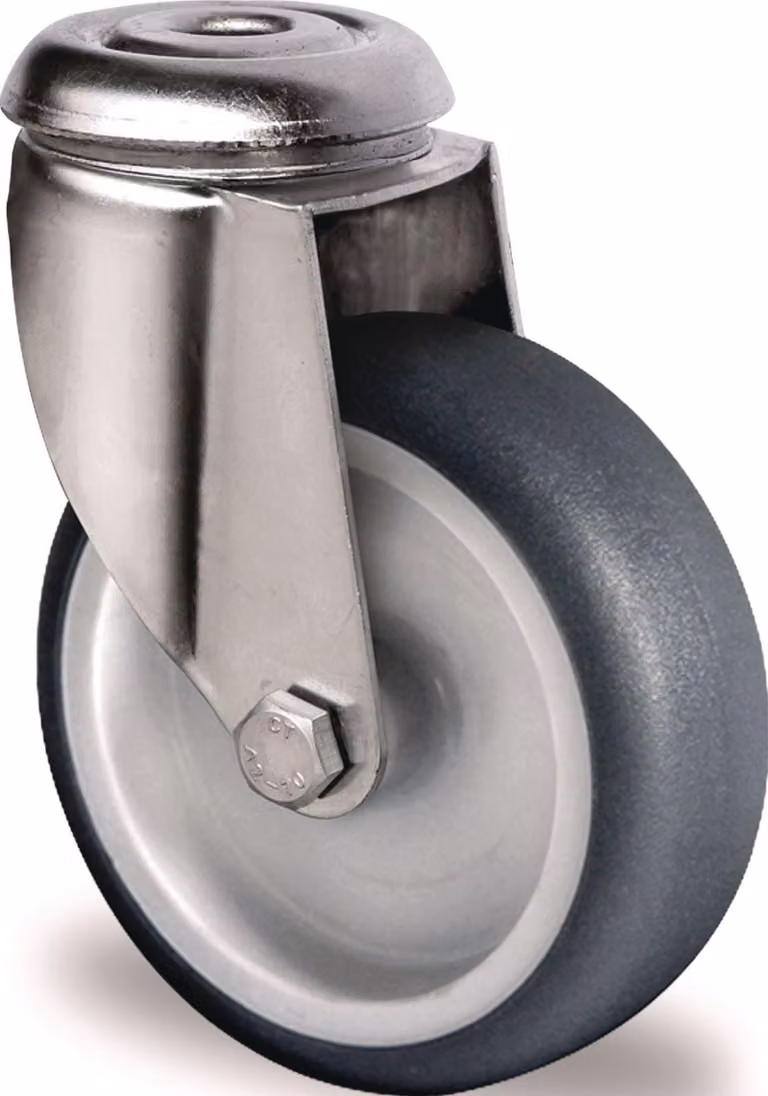 Ruota girevole - 75 mm, portata 75 kg, fissaggio con foro posteriore, polipropilene, cuscinetto a strisciamento, acciaio inossidabile, TPE grigio