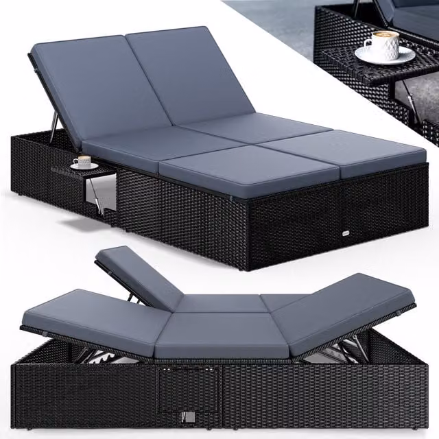 Lettino da giardino Casaria in polyrattan nero e antracite con poggiatesta regolabile e vassoio laterale L/P/H: 220 x 115 x 33 cm – 1