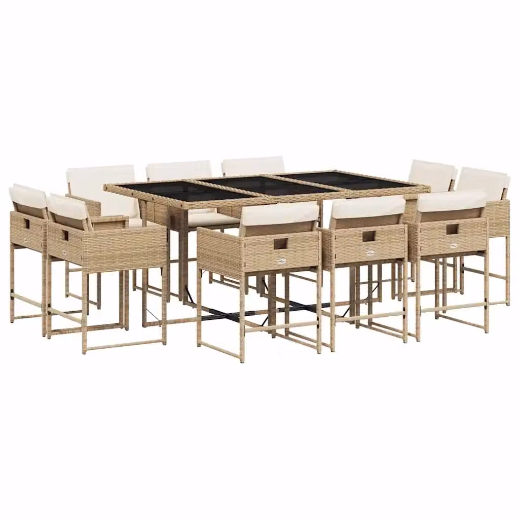 Set da Pranzo da Giardino vidaXL in Polyrattan con Cuscini Beige e Piano in Vetro, 11 pz – 2