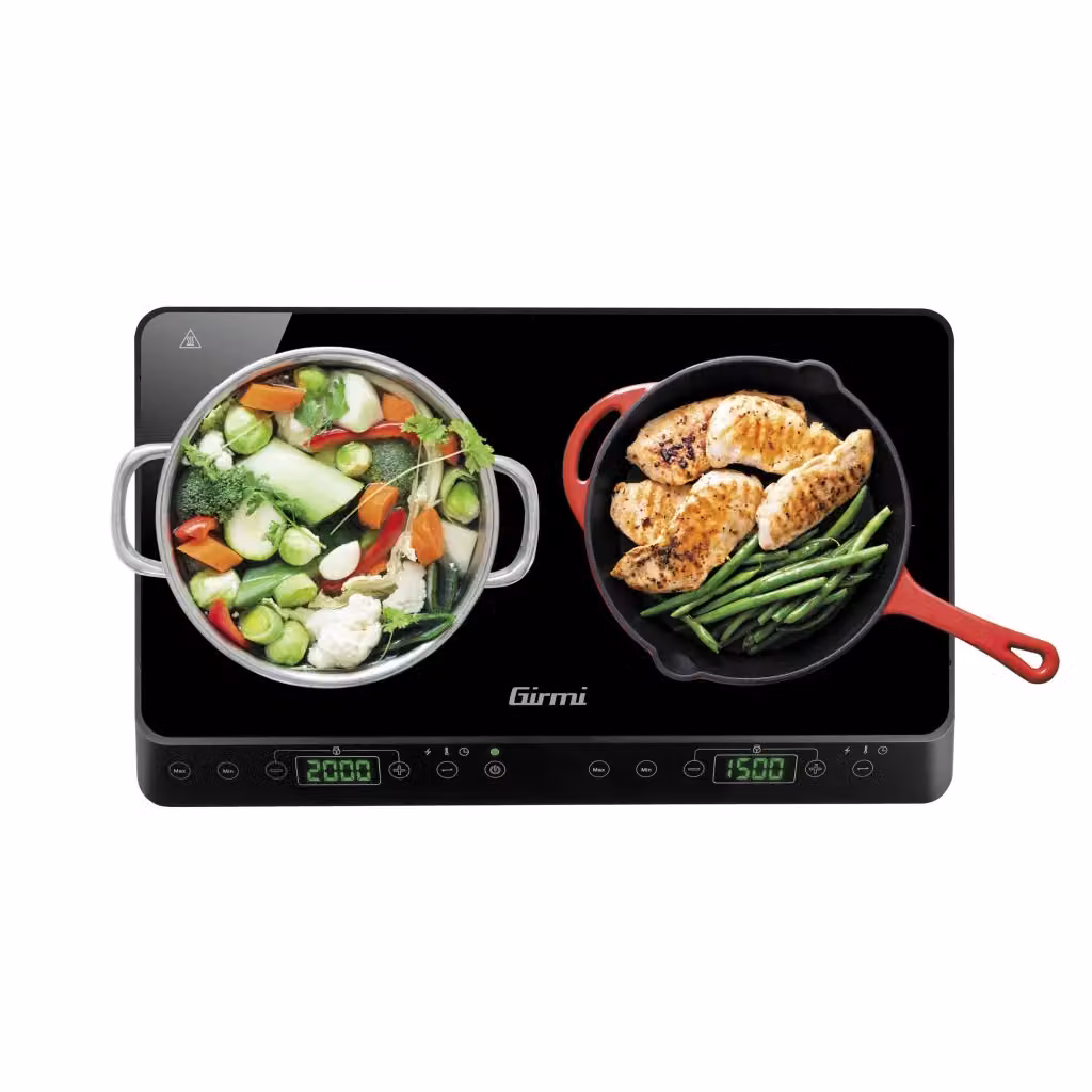 Fornello a induzione doppio Girmi PI51 nero con superficie in vetro e potenza totale 3500 W (2000W+1500W) – 2