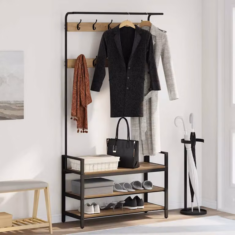vidaXL Appendiabiti con Panca Moderno in Legno e Metallo, Marrone e Nero, L 95 x P 34 x H 184 cm