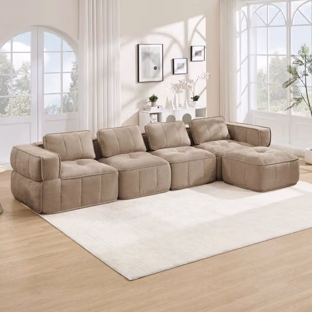 Divano modulare angolare senza telaio con pouf; 344x162x67 cm; poliestere; Sand