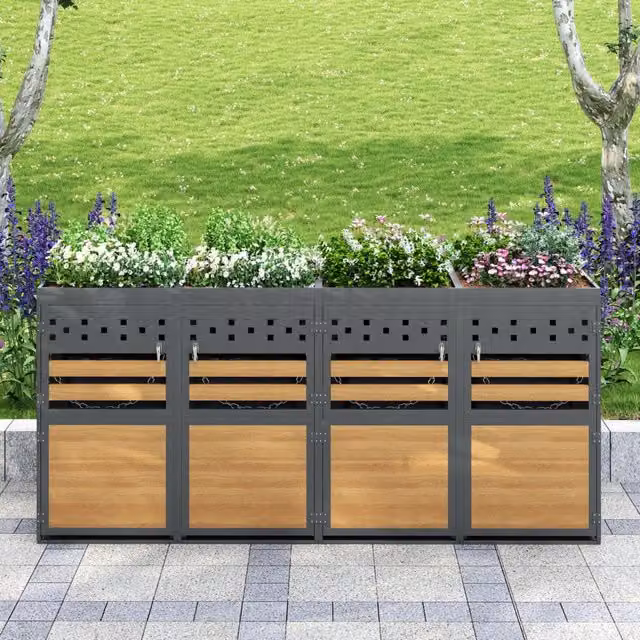 Copribidone spazzatura 4 posti in acciaio zincato con tetto fioriera; 264x80x125 cm; antracite e legno