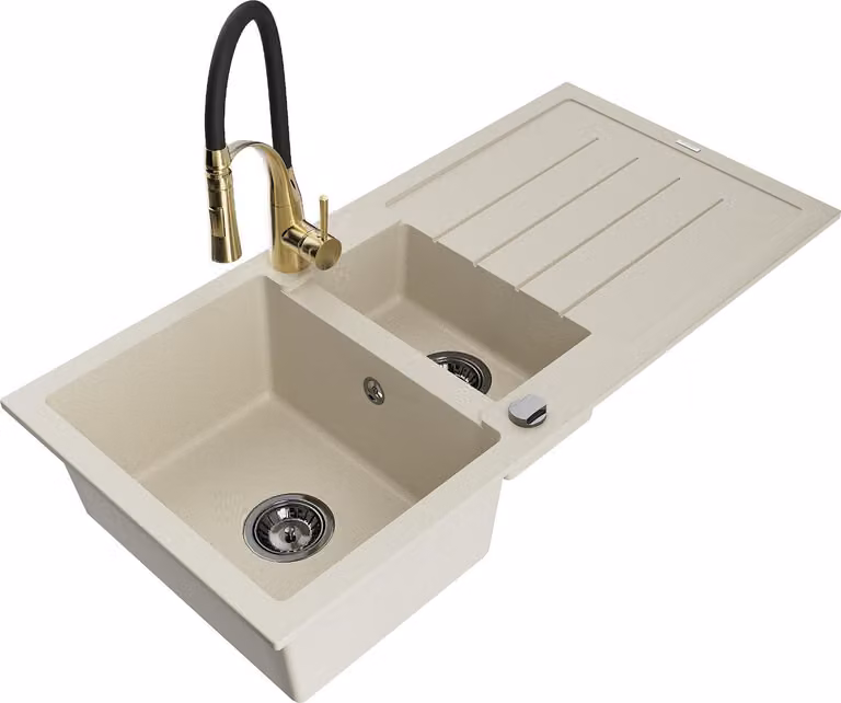 Mexen Andres lavello in granito 1,5 vasche con scolapiatti e rubinetto da cucina Aster, beige - 6515-69-73450-57-B