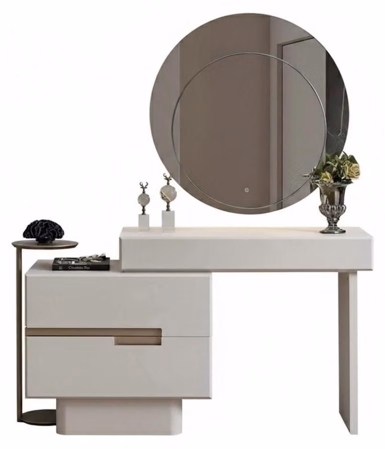 Set di comodini, specchio, struttura in legno, specchio rotondo, gambe in legno, nuovo