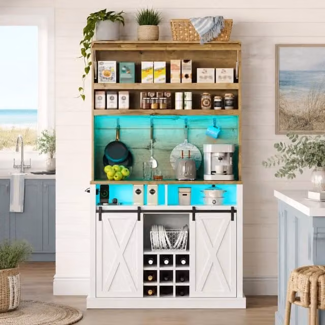 Credenza da cucina alta 110x40x191 cm in MDF con LED RGB; ripiani aperti e ante scorrevoli