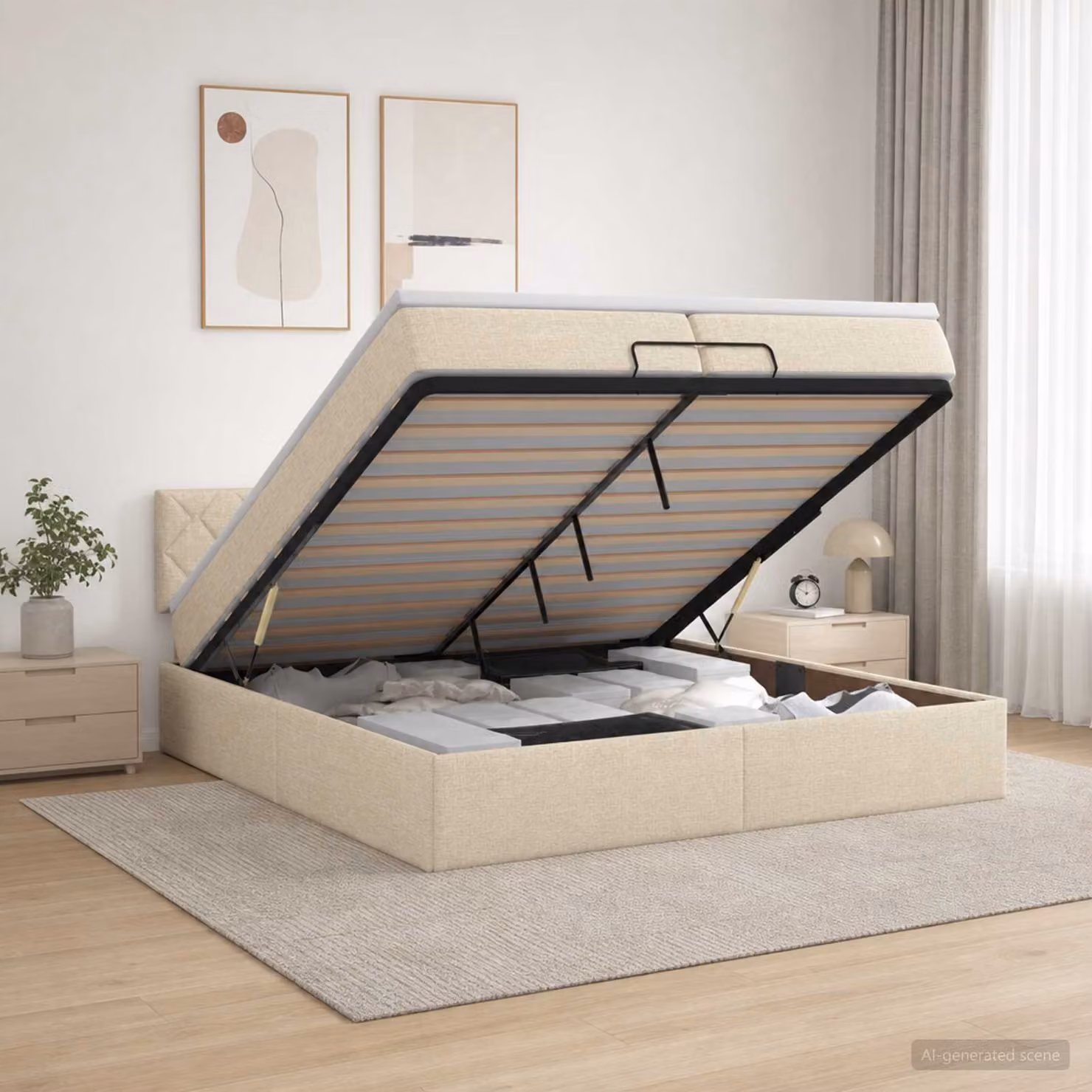 Letto ottomano con materasso vidaXL in tessuto beige, L/P: 200 x 200 cm