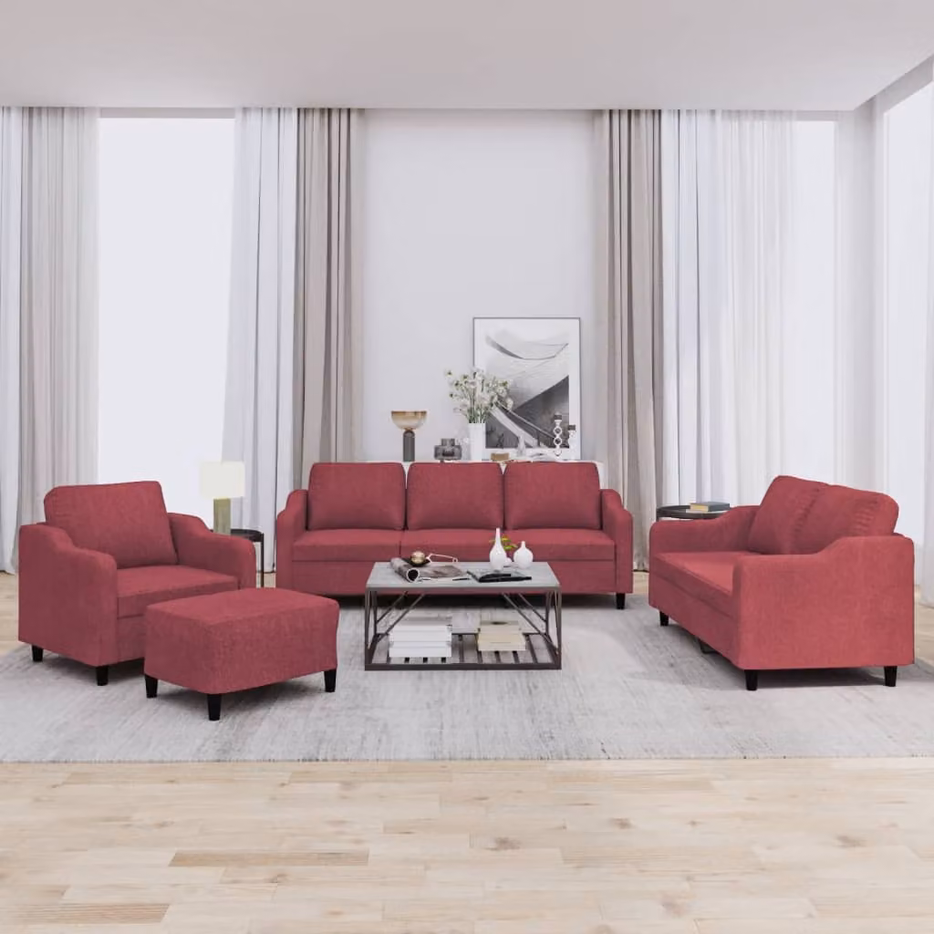 vidaXL Set di Divani 4 pz Moderno in Tessuto Rosso con Cuscini e Ottoman – 1