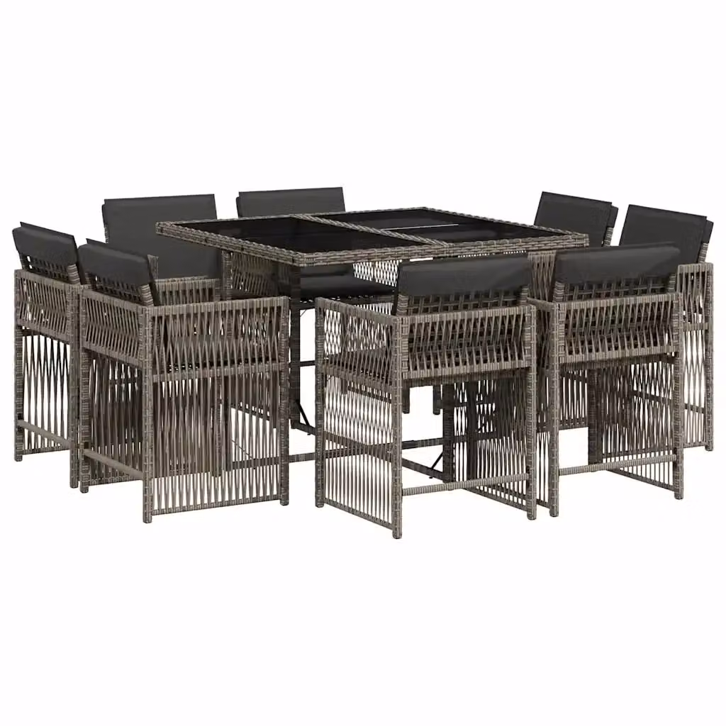 Set da Pranzo da Giardino vidaXL in Polyrattan Grigio con Tavolo in Vetro e 9 Sedute – 2