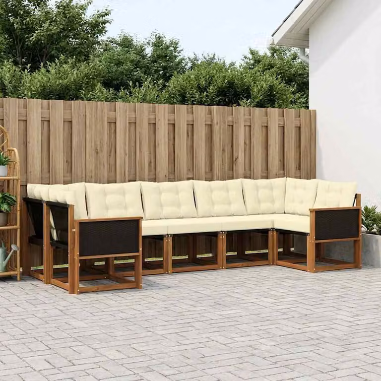 Set di divani da esterno vidaXL 7 pz a forma di L in legno di acacia con cuscini beige e marrone