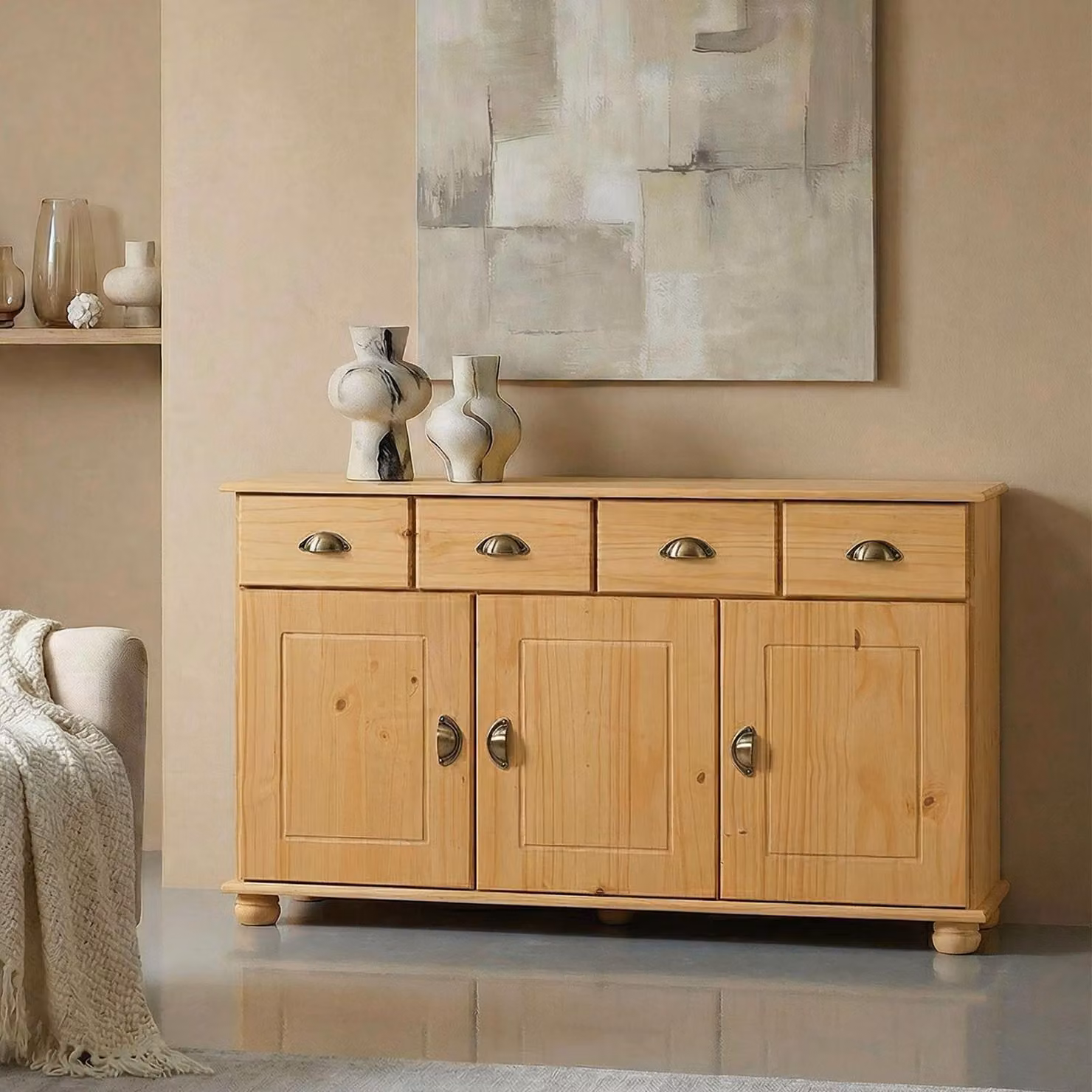 Mobile contenitore COLMAR, impregnato - Comodino in stile rustico con 2 cassetti e 3 ante, realizzato in legno massello di pino, maniglie a forma di conchiglia in metallo, ideale per l'ingresso o il soggiorno