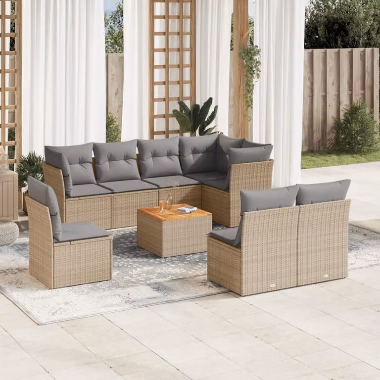 vidaXL Set Divano da Giardino a L 9 pz con Cuscini Beige e Tavolino da Esterno in Polyrattan e Acciaio