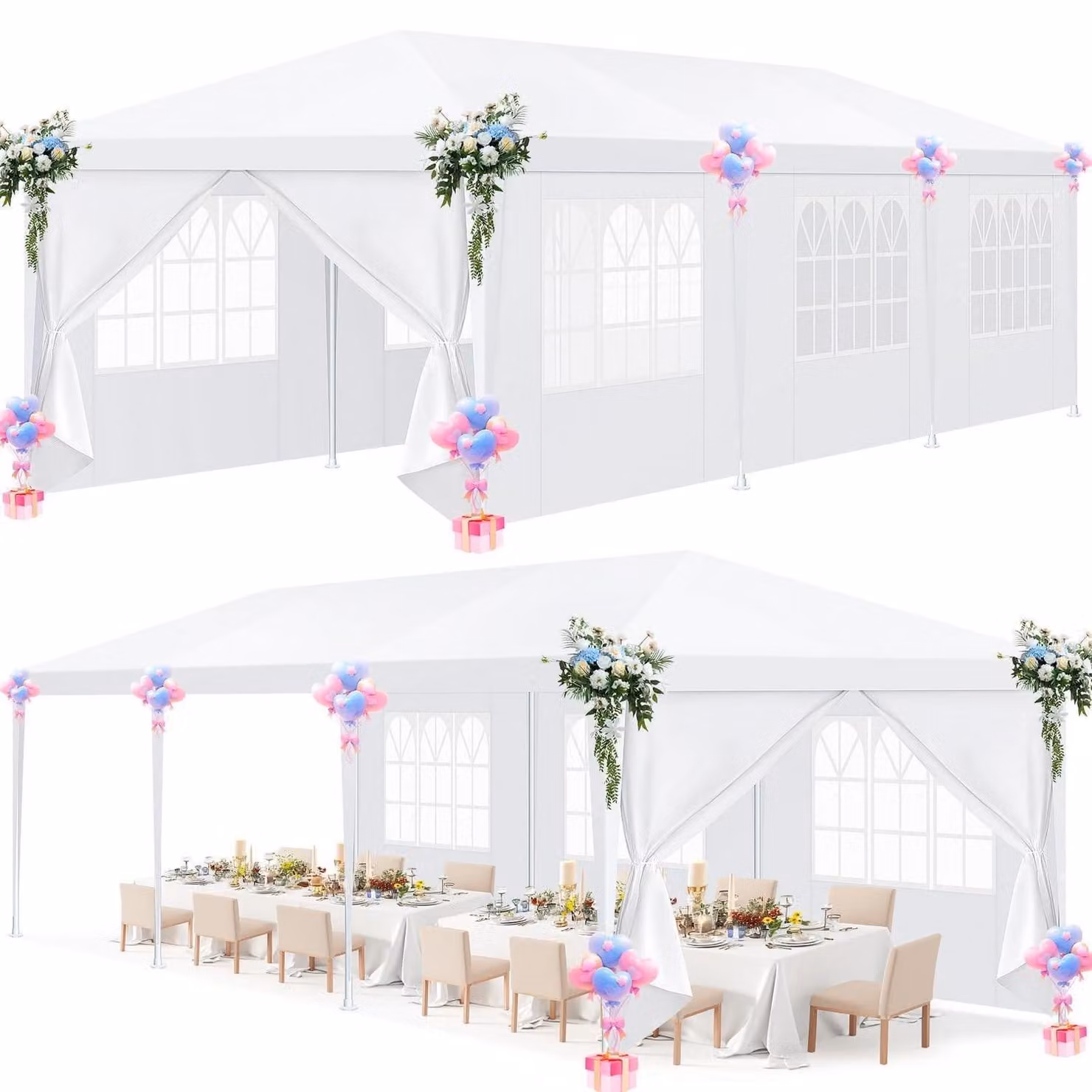 Tenda da festa 3x9 metri con 8 pareti rimovibili, impermeabile, stabile, di colore bianco
