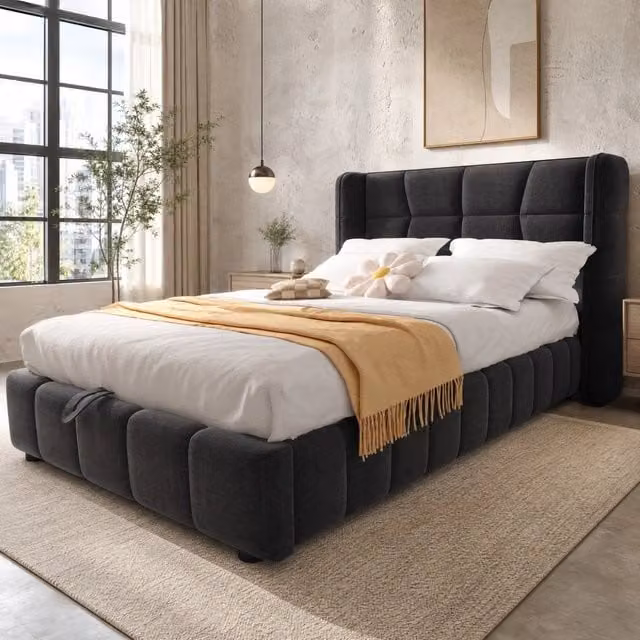 Letto imbottito per bambini 90x200 cm con rete a doghe, contenitore a gas, struttura in lino grigio