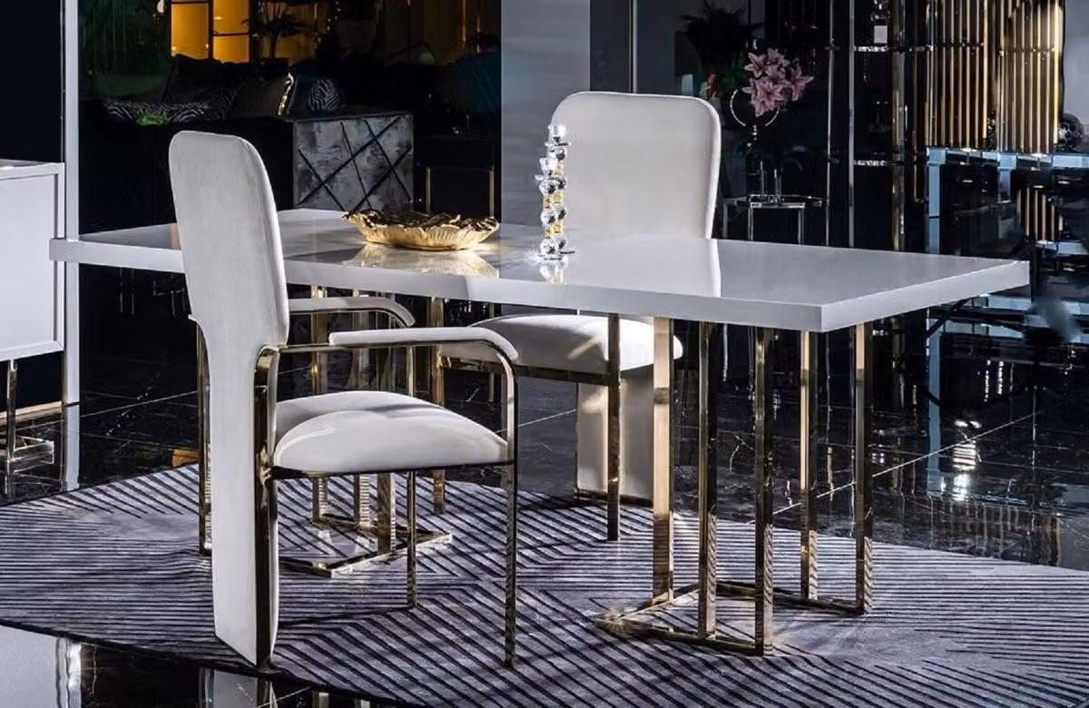 Casa Padrino tavolo da pranzo bianco/oro 200 x 110 x h. 80 cm - Tavolo da cucina rettangolare con piano in legno massiccio e gambe in metallo - Mobili Sala da Pranzo - Mobili Cucina - Mobili