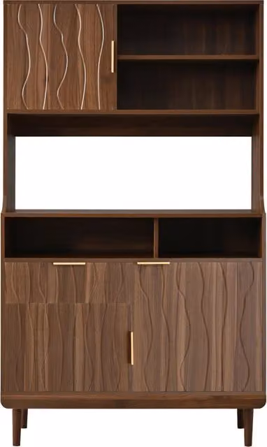 Credenza da cucina alta con ante, cassetto e ripiani a vista, per cucina e soggiorno, MDF, noce, 100 × 32 × 170 cm