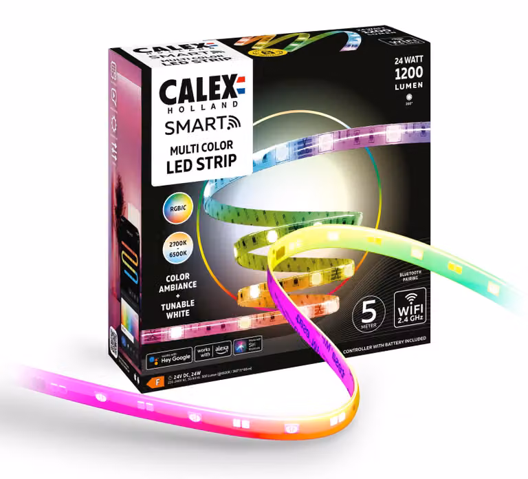Striscia LED smart Calex, 5 metri, RGBIC, tagliabile, dimmerabile, sincronizzazione con la musica
