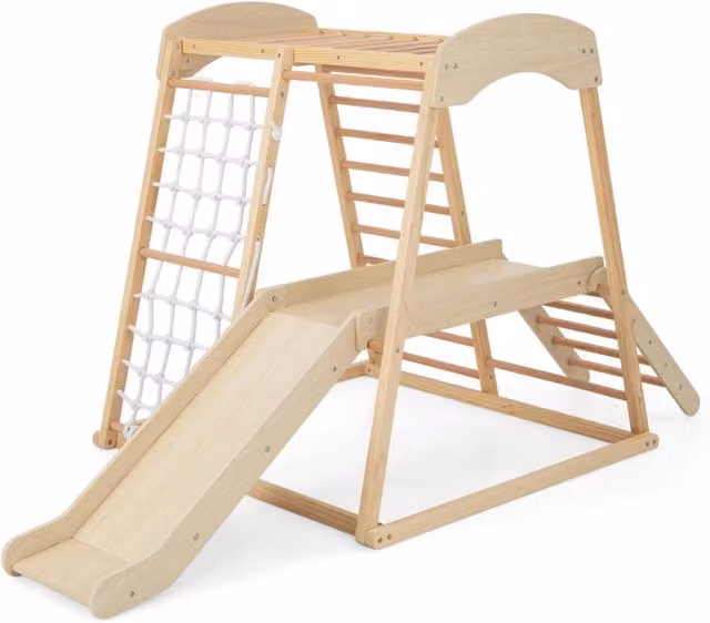 Parco giochi 6-in-1 per bambini 1+ anni con barre di scimmia scivolo corda e scale in legno, Palestra in legno Naturale-Arrampicate e scivoli