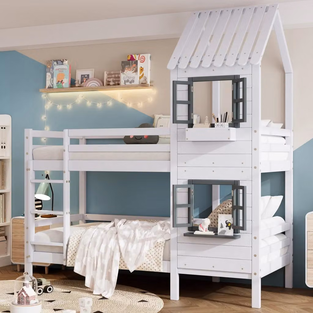 Letto a castello per bambini con struttura a casetta, scala e sponde, bianco e grigio, L/P/H: 200 x 90 x 208 cm – 2