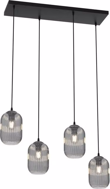Lampadario 4 Luci Nuit In Acciaio Nero E Vetri Plissettati Fumè