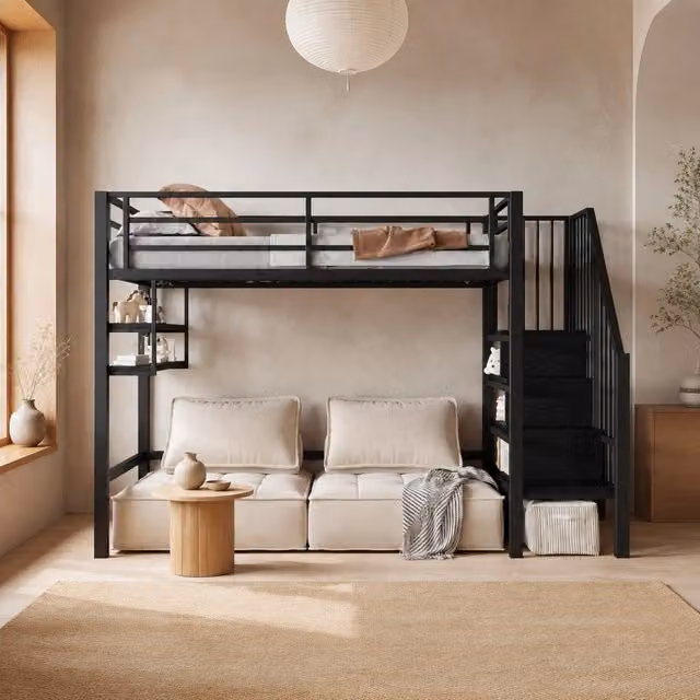 Letto a castello per bambini 90x200 cm con struttura in ferro, ripiani integrati, scala contenitore e sponda di sicurezza, nero