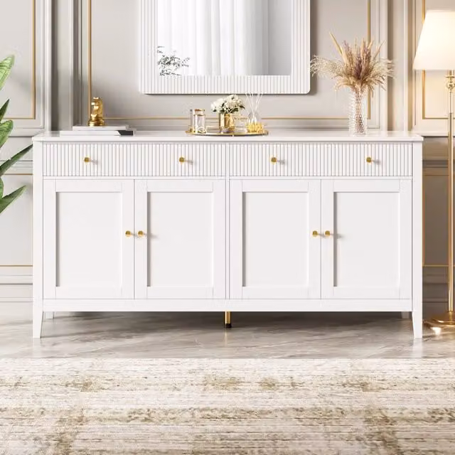 Credenza, 2 cassetti, 4 ante, maniglie in metallo, MDF, 160x40x82 cm, bianco