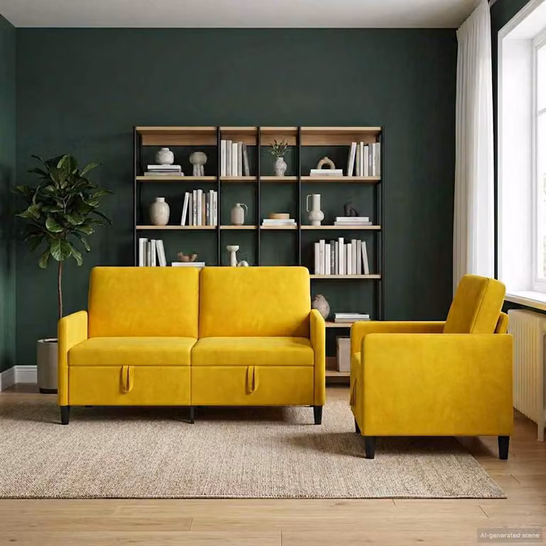 Set di 2 divani moderni vidaXL con contenitore, rivestimento in tessuto giallo e seduta a sollevamento
