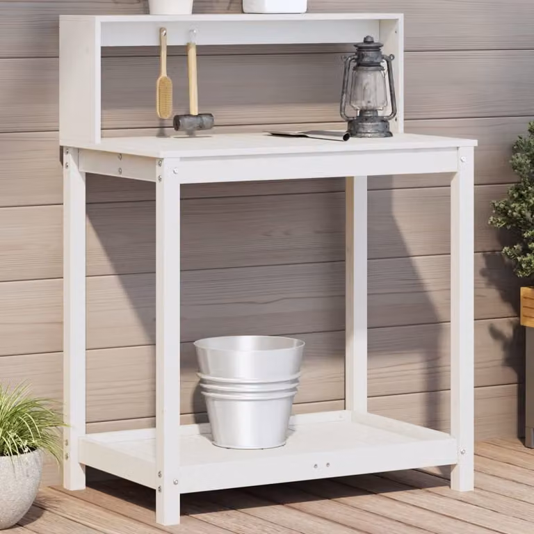vidaXL Tavolo da giardino in legno di pino massello con ripiani, Bianco, L 82,5 cm x P 50 cm x H 109,5 cm