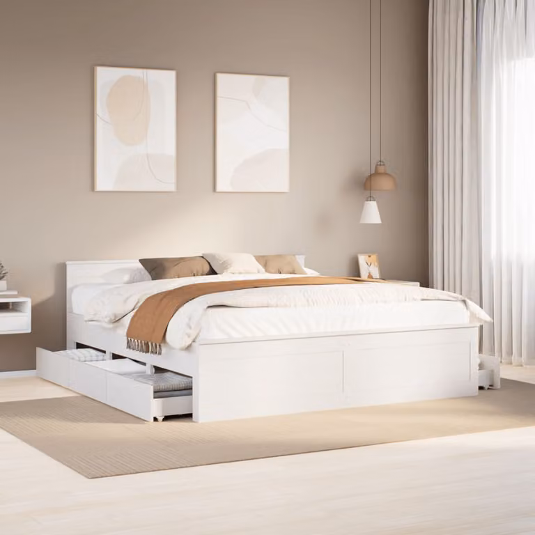 vidaXL Giroletto in legno di pino con testiera bianco lacca, L/P/H: 206 x 180 x 75 cm