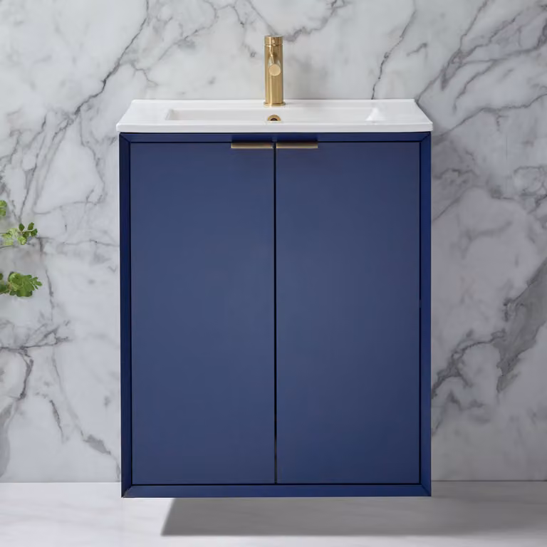 Mobile Bagno Sospeso Blu Marino 610mm con Lavabo e Maniglie con Impugnatura a Dito in Oro Satinato - Edge
