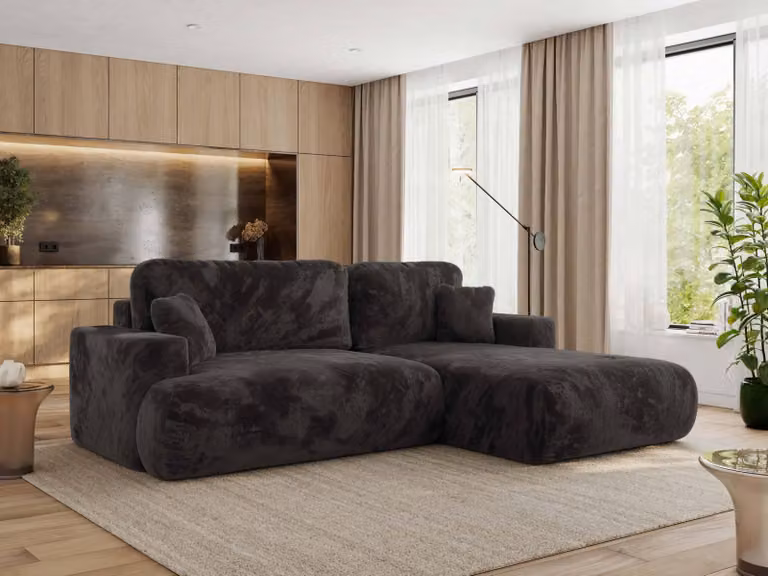 MKS MEBLE divano angolare OVO con funzione letto e box letto, peluche grigio scuro, divano a L, divano angolare a 4 posti, 271x195x95 cm - lato destro