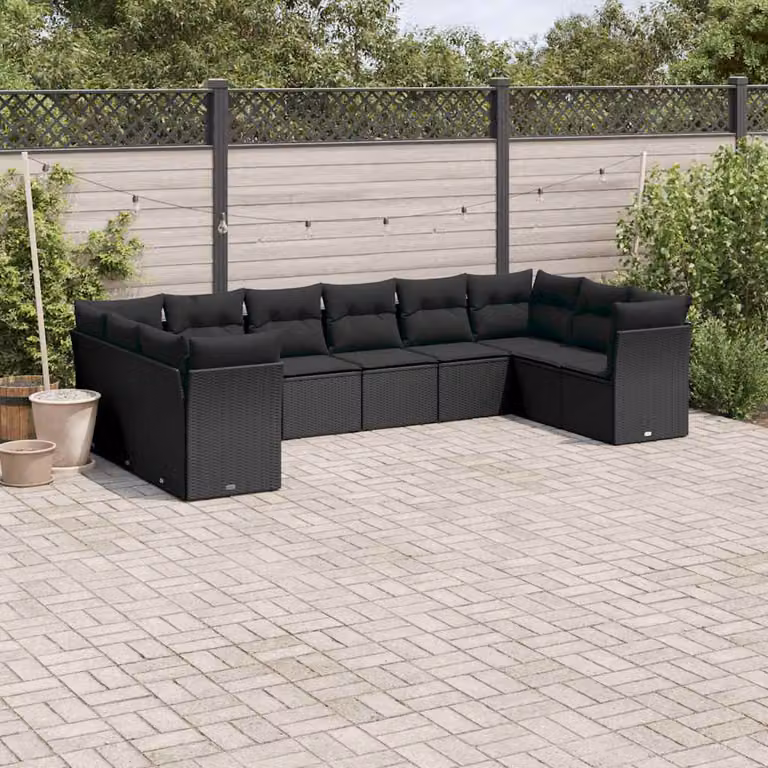 vidaXL Set Divani da Giardino 10pz in Polyrattan Nero con Cuscini e Struttura in Metallo