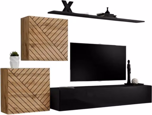 Set di mobili design per soggiorno SWITCH V, quercia/nero, finiture in quercia fresata e nero lucido