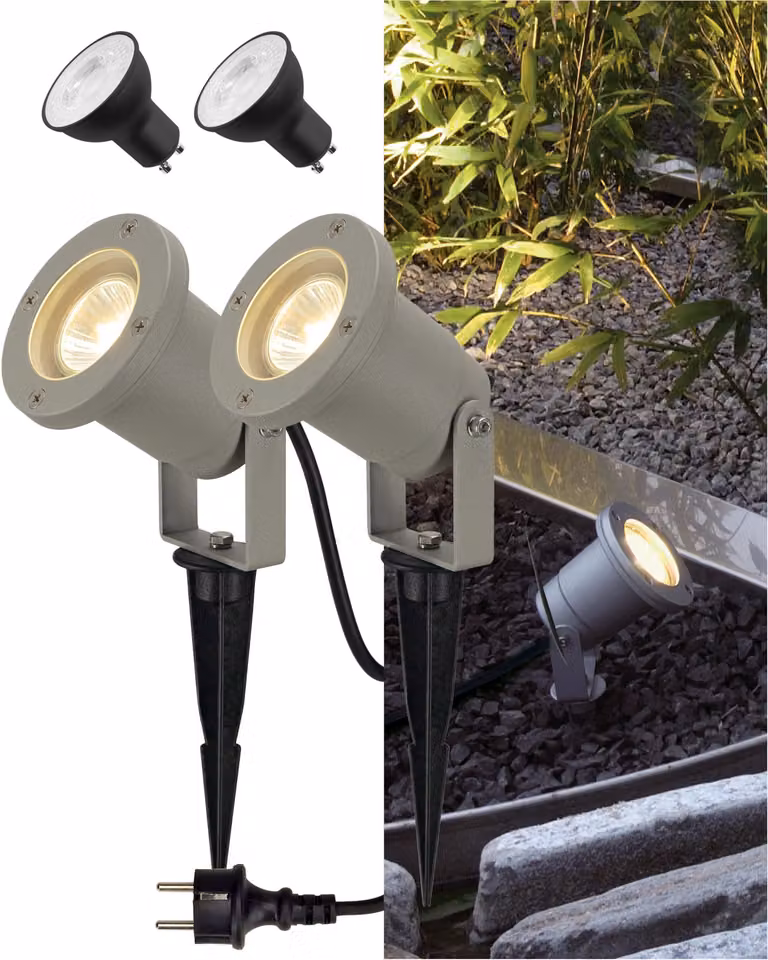 Set di 2 faretti da incasso, grado di protezione IP65, attacco GU10, 11W, luce bianco caldo 2700K, colore grigio