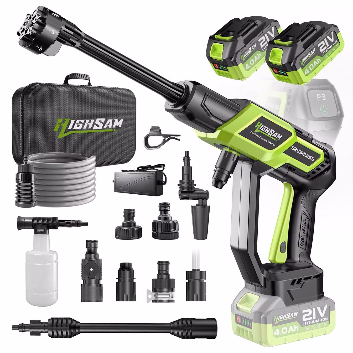Idropulitrice a batteria - 3000 W, motore brushless - pressione di 135 bar - portata di 20 litri al minuto - colore verde