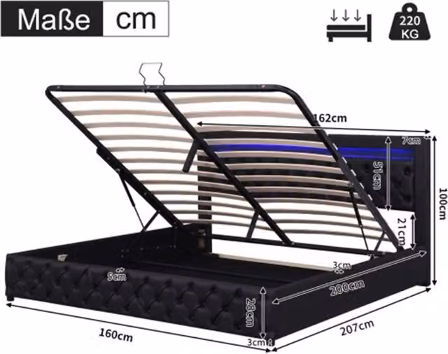 Letto imbottito per adulti - Xylo - 160x200 cm - Nero - LED e contenitore