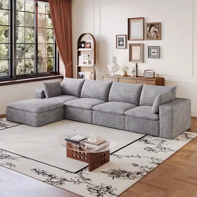 Divano modulare in tessuto grigio con imbottitura in cotone e supporto in schiuma