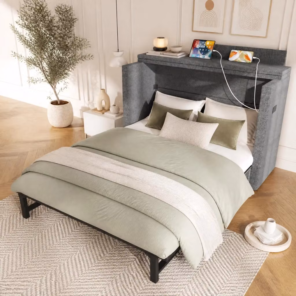 Letto a scomparsa Mivray convertibile in armadio con cassetto e porte USB e Type-C, rivestito in lino grigio, L/P/H: 140 x 200 x 201,5 cm – 2