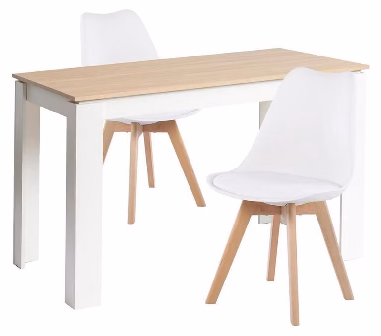 Set da pranzo composto da tavolo rettangolare in legno di quercia e bianco, con 2 sedie. Dimensioni: 120 cm