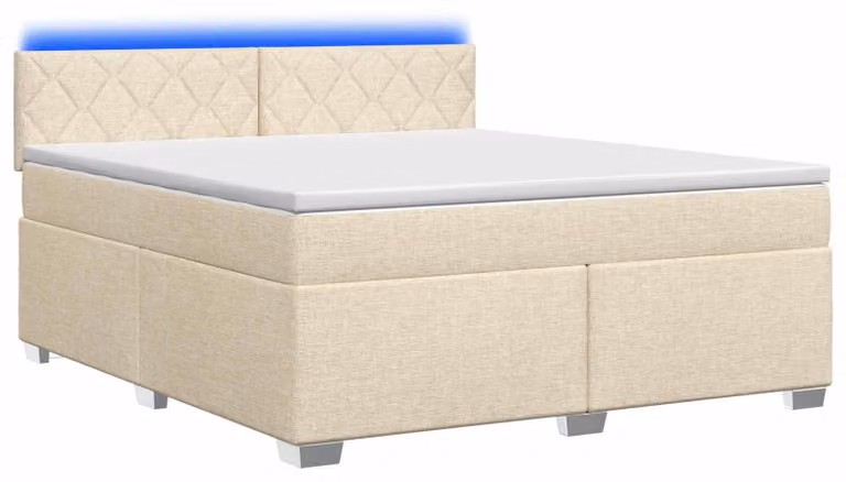 Letto con boxspring, materasso e illuminazione LED, colore crema, dimensioni 180 x 200 cm, rivestito in tessuto