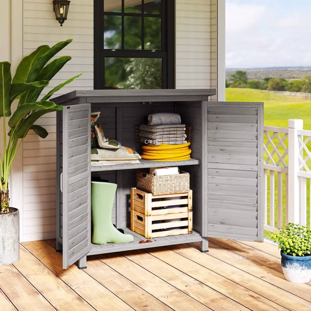 Armadio da giardino Giordanoshop in legno di abete grigio con porte a persiana e 2 ripiani L: 87 cm, P: 46,5 cm, H: 96,5 cm – 2