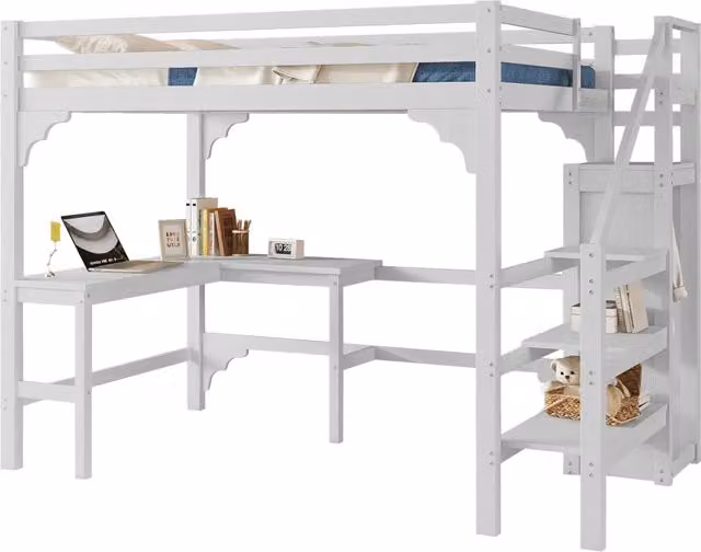 Letto a soppalco REDOM bianco con scrivania, armadio aperto e scala, L/P: 140 x 200 cm, H: 245 cm