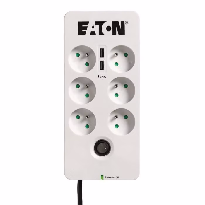 Presa multipla con protezione da sovratensione Eaton Protection Box 6, 6 prese FR, protezione Tel/RJ, 2 porte USB, bianco e nero